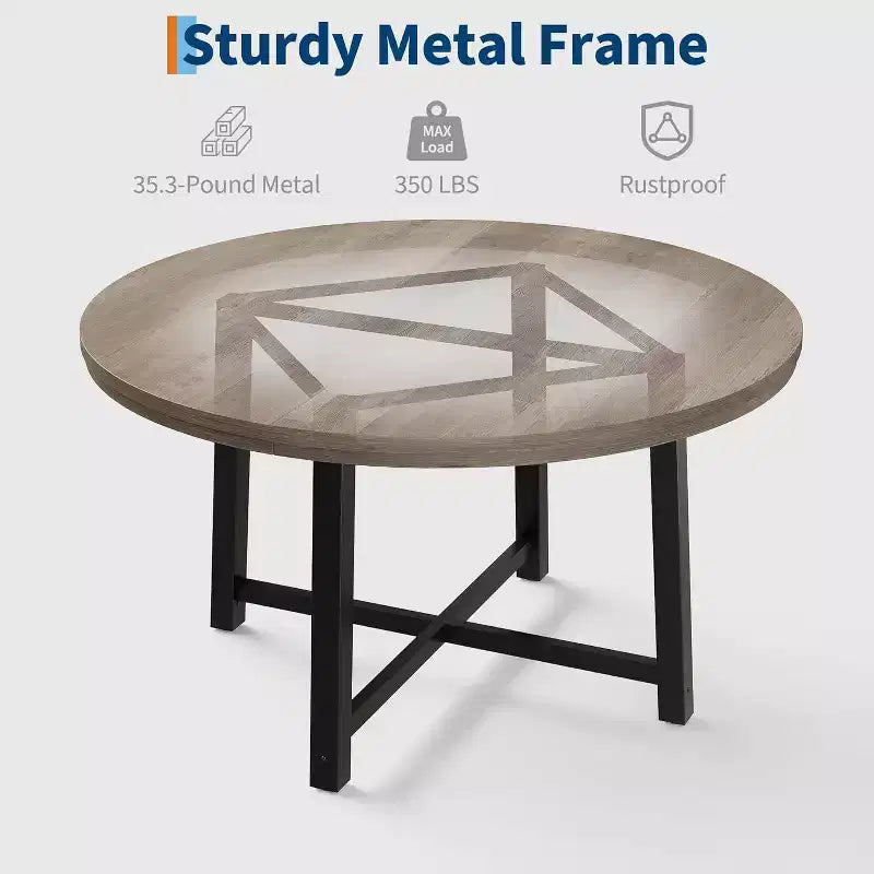 CuisinSmart Table à Manger Ronde de 120 cm, Table à Dîner Industrielle pour 4 à 6 Personnes, Table de Cuisine en Bois avec Cadre Métallique Robuste et Finition Rustique