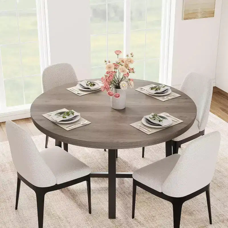 CuisinSmart Table à Manger Ronde de 120 cm, Table à Dîner Industrielle pour 4 à 6 Personnes, Table de Cuisine en Bois avec Cadre Métallique Robuste et Finition Rustique