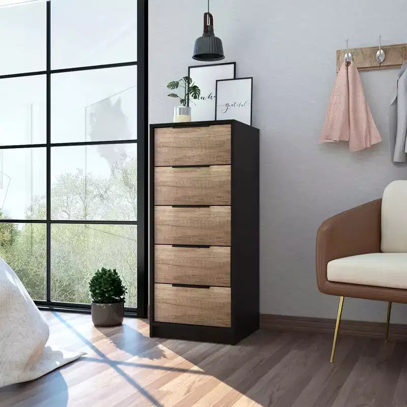 Commode en bois à 5 tiroirs Okak, commode de rangement moderne et polyvalente pour chambre/bureau