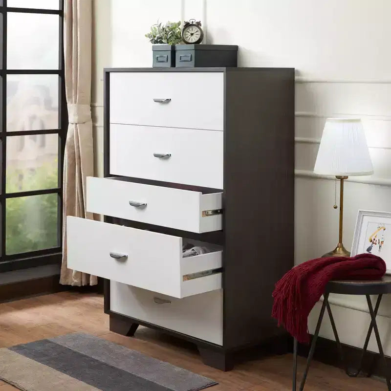 Commode en bois à 5 tiroirs Okak, commode de rangement moderne et polyvalente pour chambre/bureau