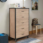 Commode en bois à 5 tiroirs Okak, commode de rangement moderne et polyvalente pour chambre/bureau
