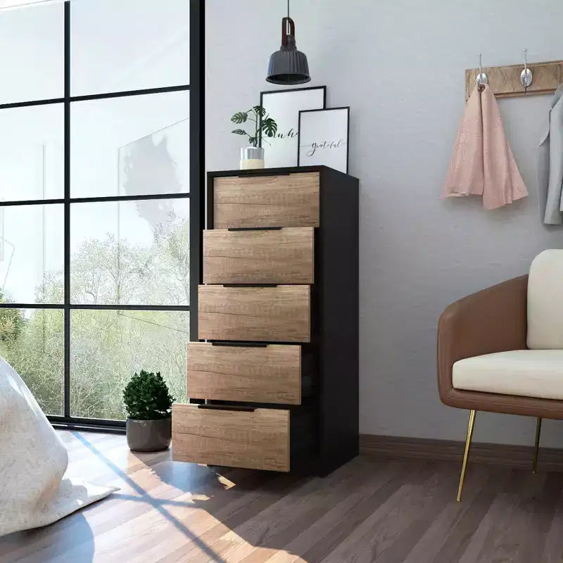 Commode en bois à 5 tiroirs Okak, commode de rangement moderne et polyvalente pour chambre/bureau