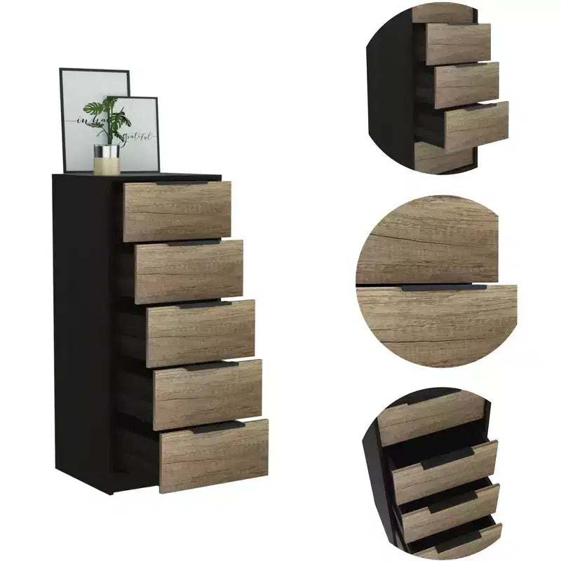 Commode en bois à 5 tiroirs Okak, commode de rangement moderne et polyvalente pour chambre/bureau