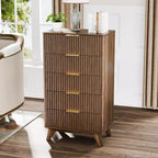 VINGLI Commode Haute Cannelée à 5 Tiroirs, Commode de 60 cm de Large, Commode en Noyer pour Chambre à Coucher Style Mid-Century Modern