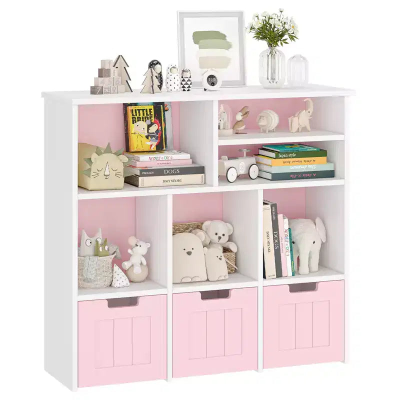 Kids Toy Storage Organizer with 3 Movable Drawers and 6 Storage Cubbies for Living Room, Playroom, Nursery, Bedroom, White and Pink