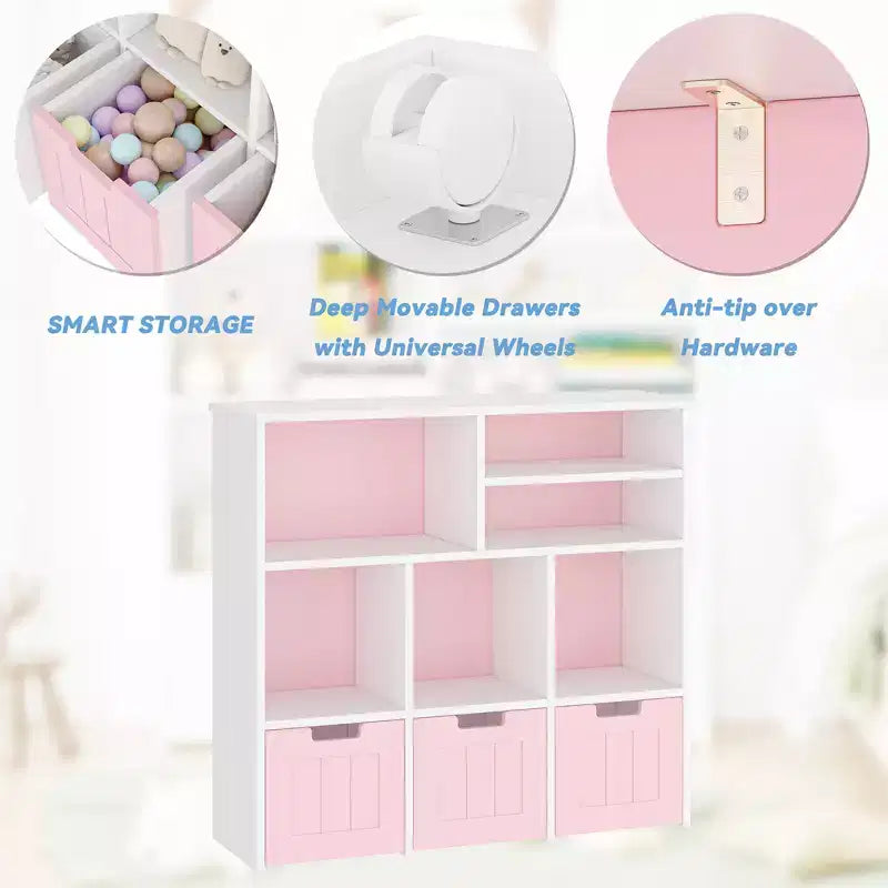 Organisateur de rangement pour jouets d'enfants avec 3 tiroirs mobiles et 6 compartiments de rangement pour salon, salle de jeux, chambre d'enfant, chambre à coucher, blanc et rose