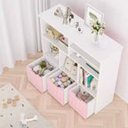 Organisateur de rangement pour jouets d'enfants avec 3 tiroirs mobiles et 6 compartiments de rangement pour salon, salle de jeux, chambre d'enfant, chambre à coucher, blanc et rose