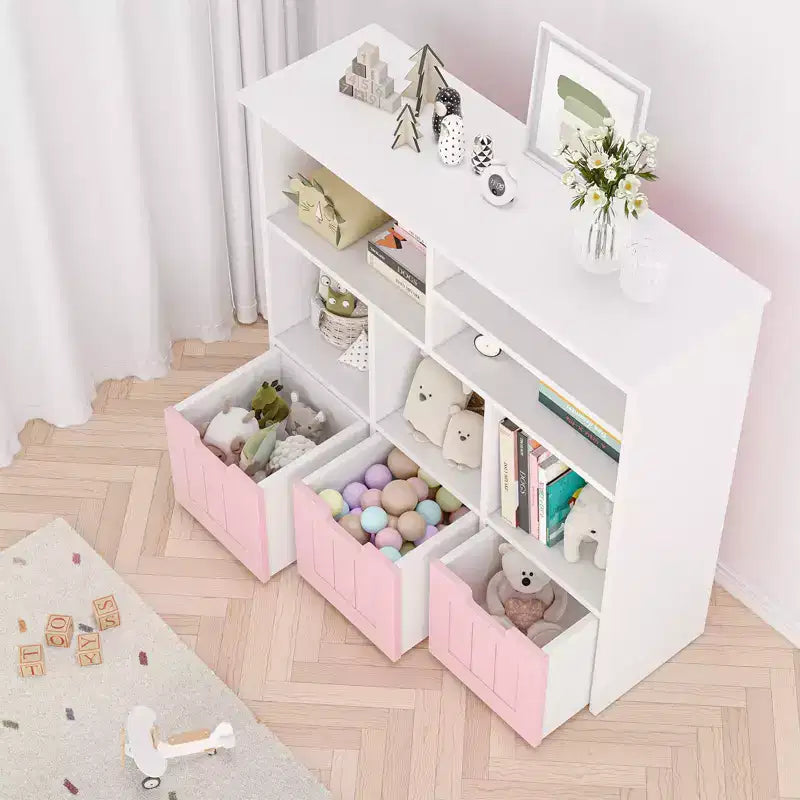 Organisateur de rangement pour jouets d'enfants avec 3 tiroirs mobiles et 6 compartiments de rangement pour salon, salle de jeux, chambre d'enfant, chambre à coucher, blanc et rose