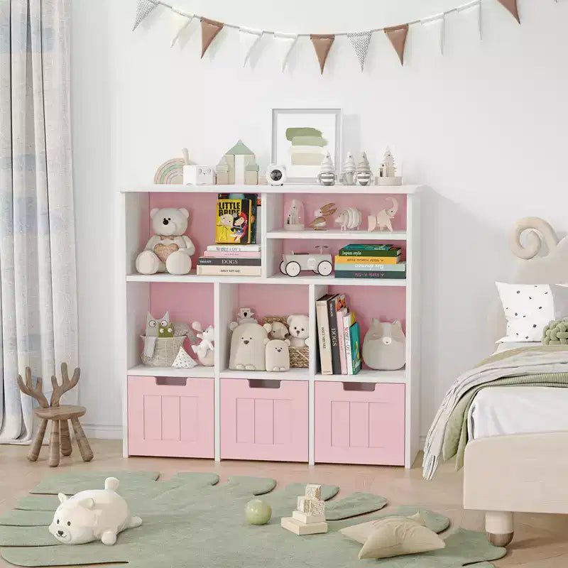 Organisateur de rangement pour jouets d'enfants avec 3 tiroirs mobiles et 6 compartiments de rangement pour salon, salle de jeux, chambre d'enfant, chambre à coucher, blanc et rose