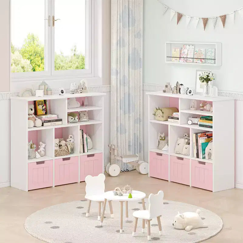 Organisateur de rangement pour jouets d'enfants avec 3 tiroirs mobiles et 6 compartiments de rangement pour salon, salle de jeux, chambre d'enfant, chambre à coucher, blanc et rose