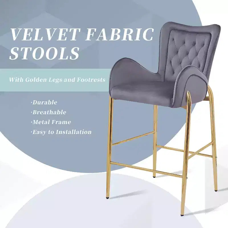 MAYEERTY Lot de 2 tabourets de bar hauteur comptoir 73 cm, revêtement velours, pieds dorés avec repose-pieds, gris pour îlot de cuisine