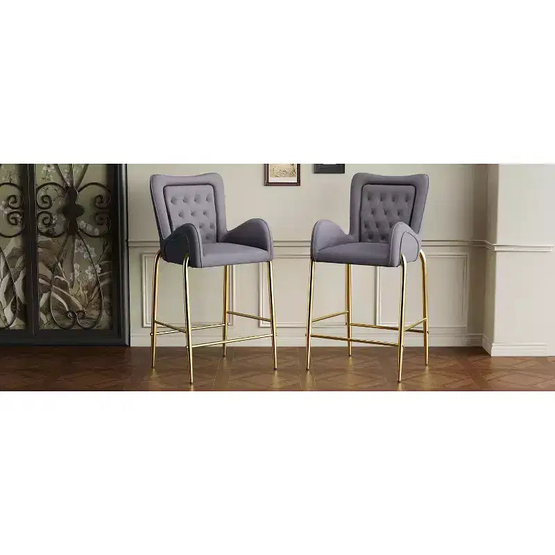 MAYEERTY Lot de 2 tabourets de bar hauteur comptoir 73 cm, revêtement velours, pieds dorés avec repose-pieds, gris pour îlot de cuisine