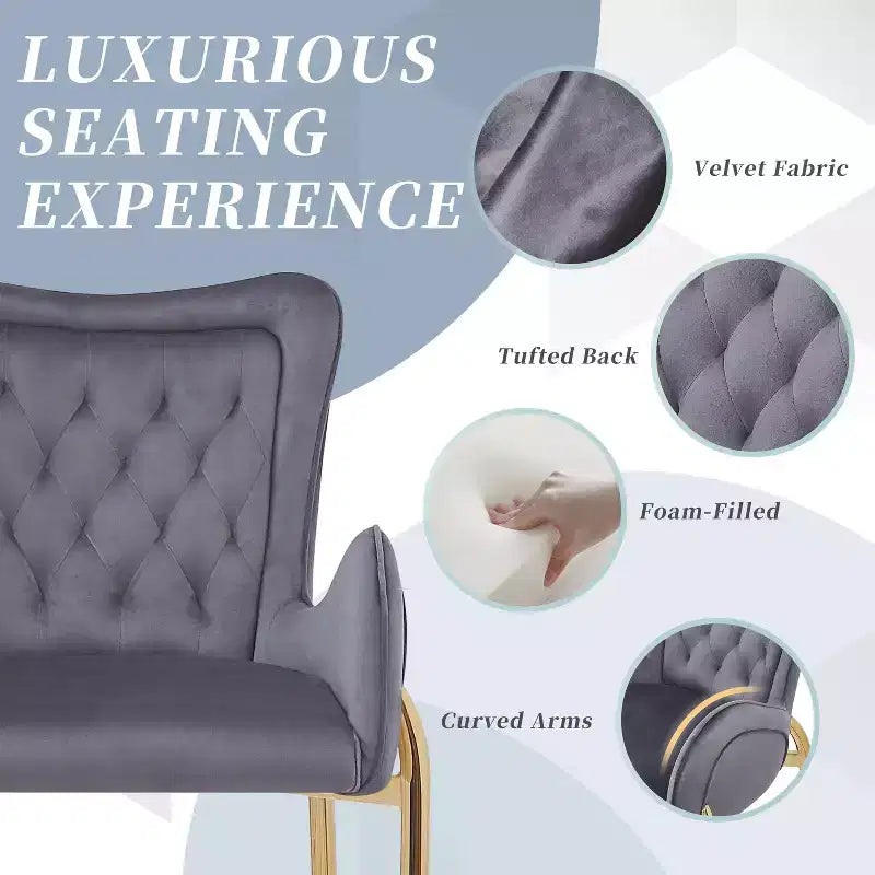 MAYEERTY Lot de 2 tabourets de bar hauteur comptoir 73 cm, revêtement velours, pieds dorés avec repose-pieds, gris pour îlot de cuisine