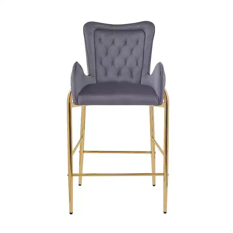 MAYEERTY Lot de 2 tabourets de bar hauteur comptoir 73 cm, revêtement velours, pieds dorés avec repose-pieds, gris pour îlot de cuisine