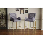 MAYEERTY Lot de 2 tabourets de bar hauteur comptoir 73 cm, revêtement velours, pieds dorés avec repose-pieds, gris pour îlot de cuisine