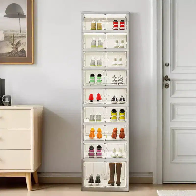 Meuble à chaussures pliable à 9 niveaux, armoire de rangement à chaussures pliable avec couvercles et porte transparente magnétique, boîtes de rangement pour chaussures pour couloir