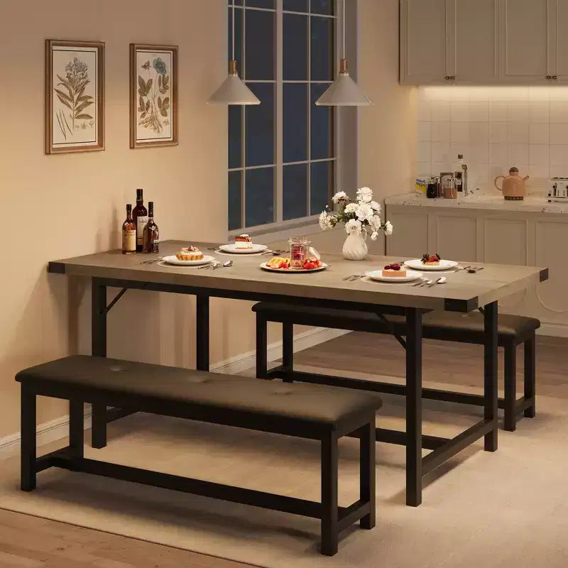 Ensemble de table à manger extensible Garvee pour 4-6 personnes, grande table rectangulaire avec 2 bancs rembourrés, ensemble de table de cuisine extensible pour appartement, petit espace
