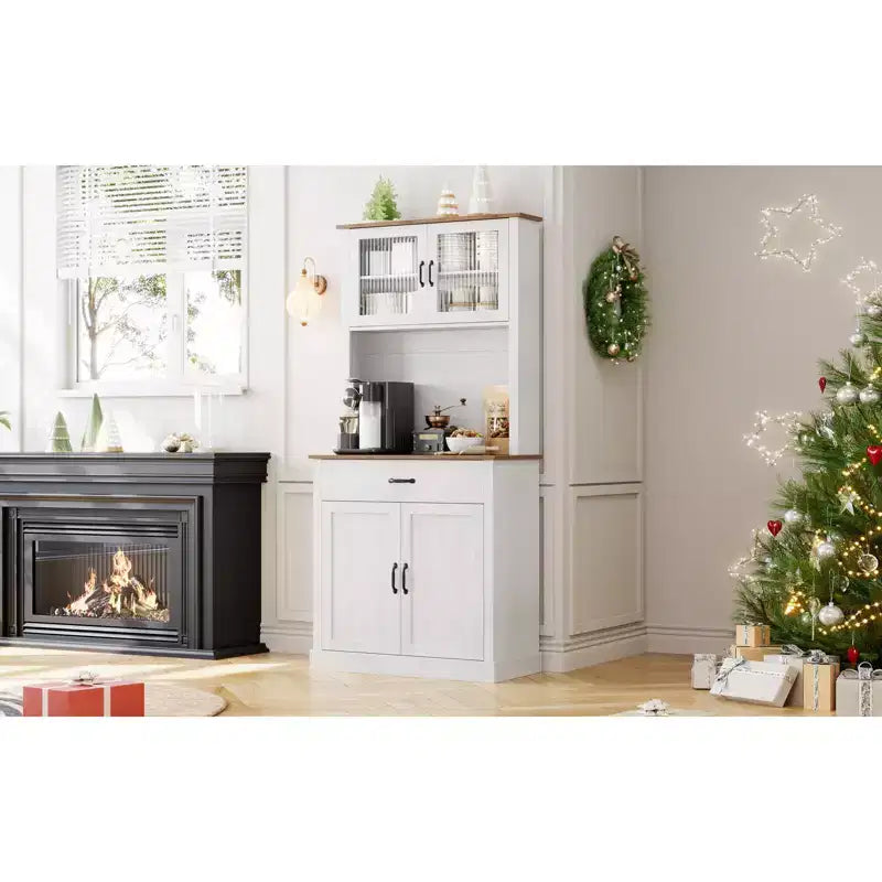 Meuble de rangement de cuisine de 71 po avec portes vitrées et support pour micro-ondes, grand meuble de cuisine autoportant
