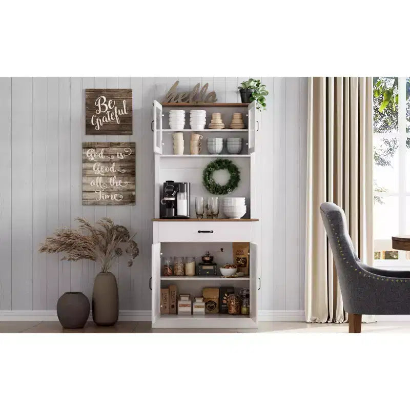 Meuble de rangement de cuisine de 71 po avec portes vitrées et support pour micro-ondes, grand meuble de cuisine autoportant
