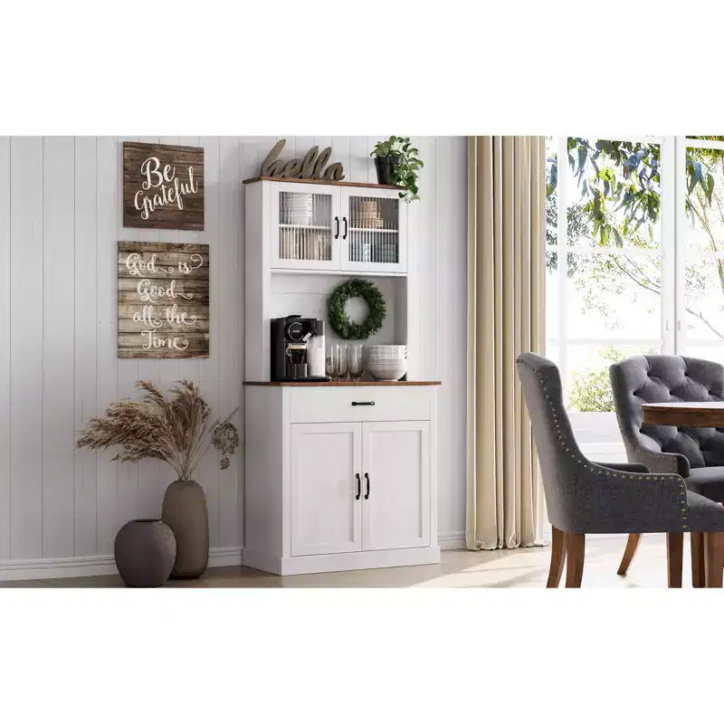Meuble de rangement de cuisine de 71 po avec portes vitrées et support pour micro-ondes, grand meuble de cuisine autoportant