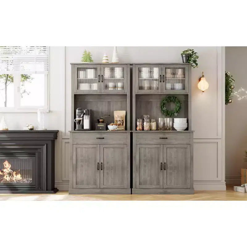 Meuble de rangement de cuisine de 71 po avec portes vitrées et support pour micro-ondes, grand meuble de cuisine autoportant