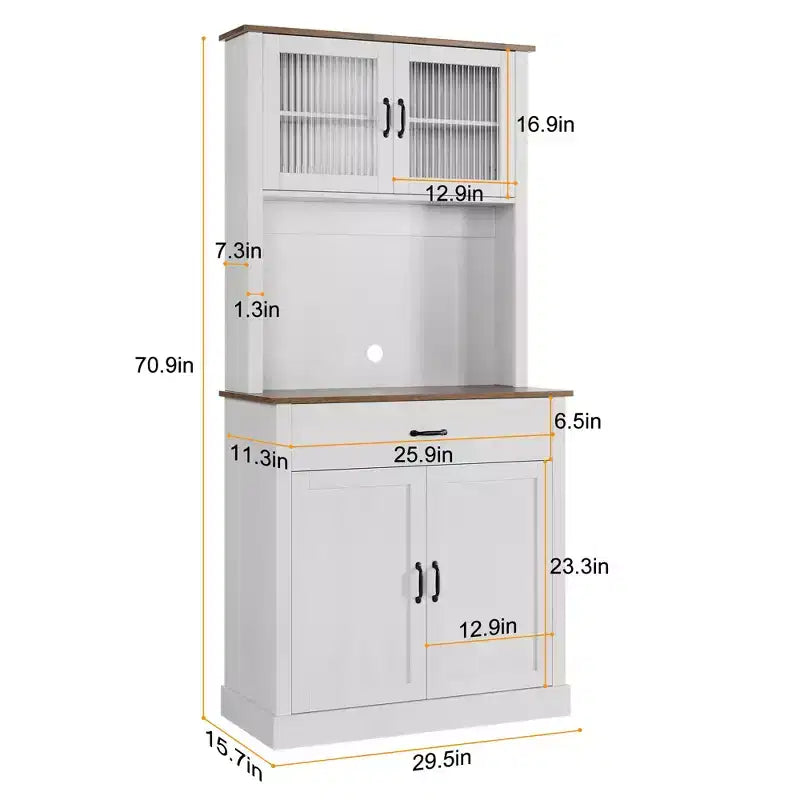 Meuble de rangement de cuisine de 71 po avec portes vitrées et support pour micro-ondes, grand meuble de cuisine autoportant