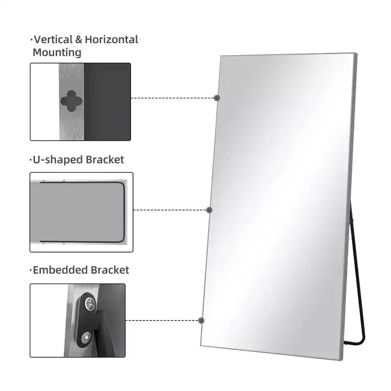 PexFix Miroir mural rectangulaire de 31 po L x 71 po H, avec cadre en métal, pleine longueur, autoportant, argent