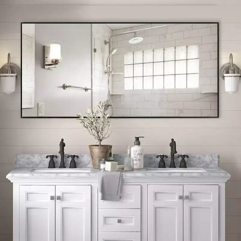PexFix Miroir mural de salle de bain rectangulaire à cadre métallique noir, 34 po L x 71 po H