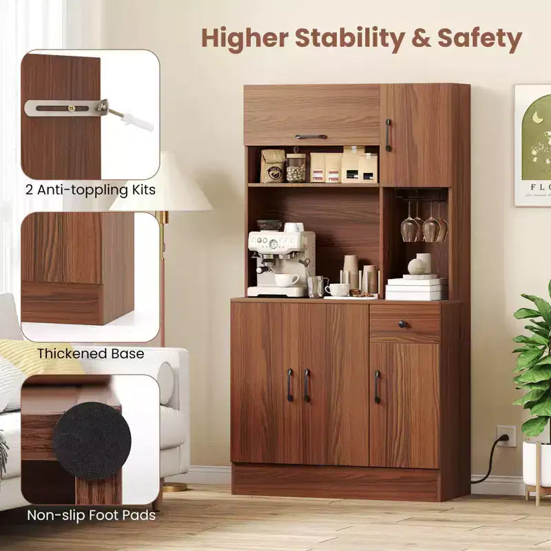 Costway 66 Meuble de Rangement Haut de Cuisine avec Station de Chargement Marron