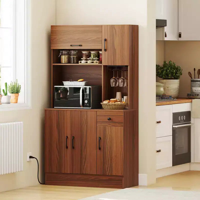 Costway 66 Meuble de Rangement Haut de Cuisine avec Station de Chargement Marron