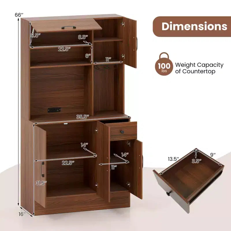Costway 66 Meuble de Rangement Haut de Cuisine avec Station de Chargement Marron
