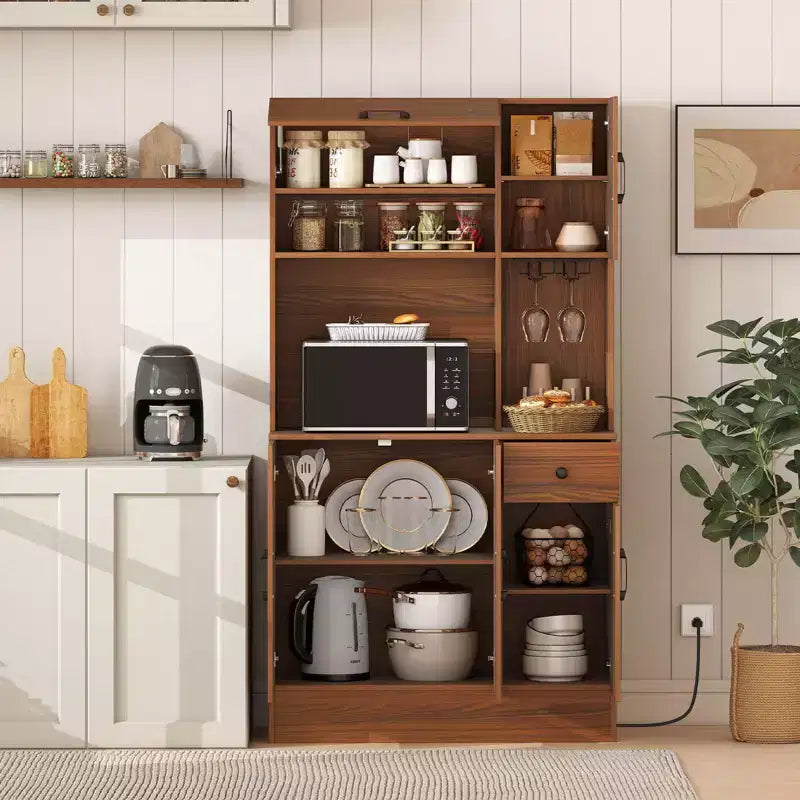 Costway 66 Meuble de Rangement Haut de Cuisine avec Station de Chargement Marron