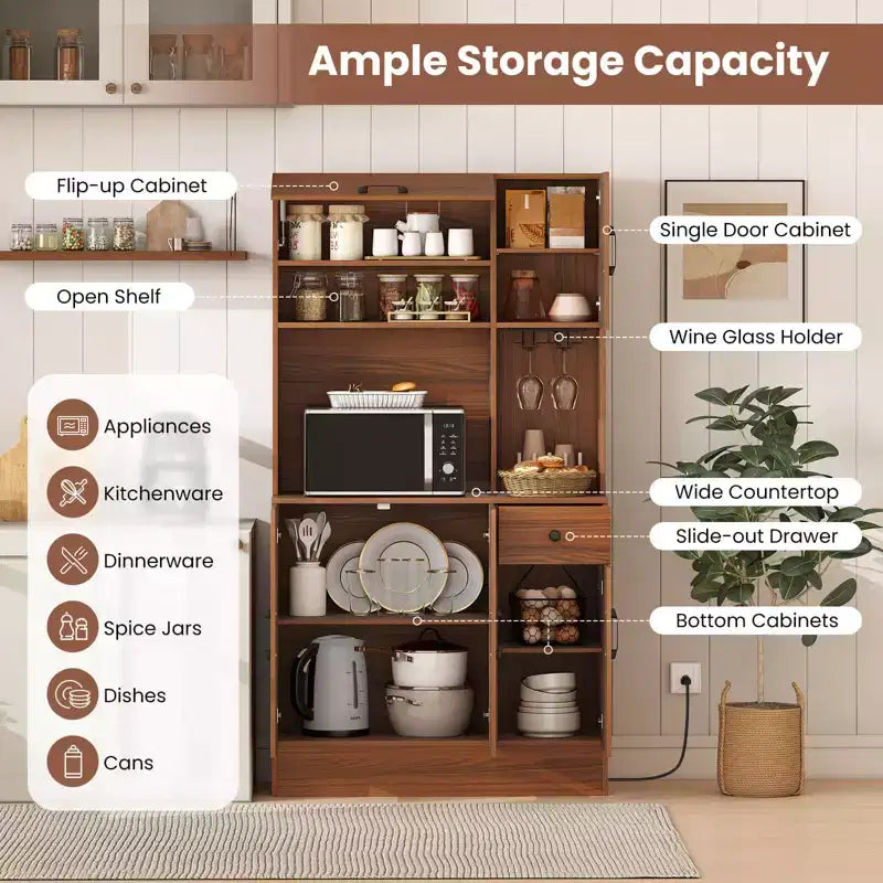 Costway 66 Meuble de Rangement Haut de Cuisine avec Station de Chargement Marron