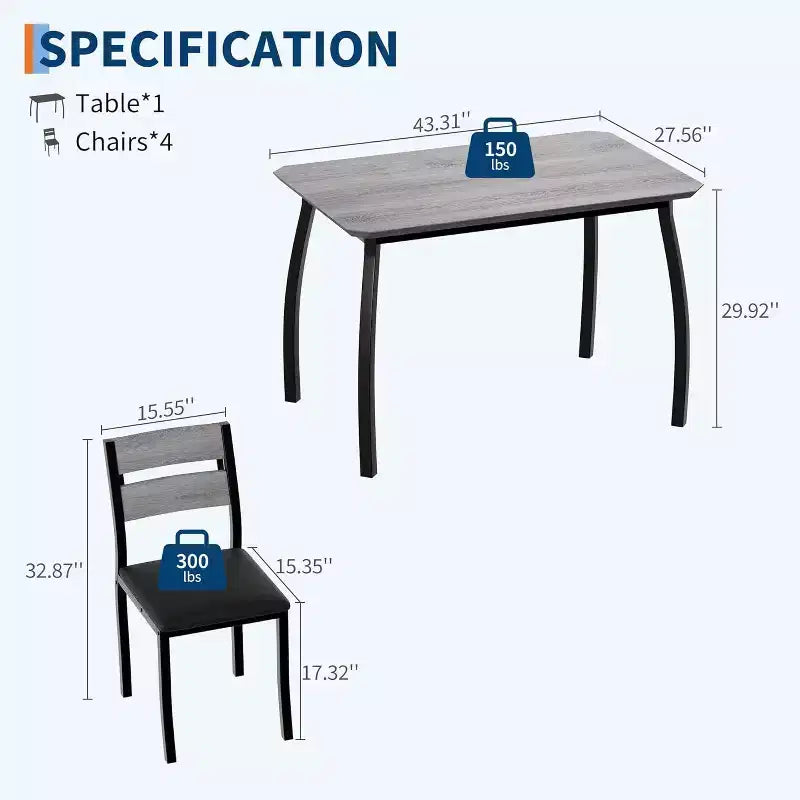 Ensemble de salle à manger moderne 5 pièces pour 4 personnes, chaises avec sièges rembourrés confortables, cadre en métal robuste, design peu encombrant, parfait pour la maison et l'appartement
