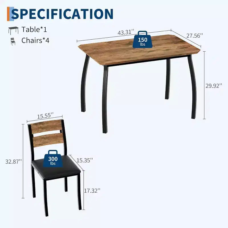 Ensemble de salle à manger moderne 5 pièces pour 4 personnes, chaises avec sièges rembourrés confortables, cadre en métal robuste, design peu encombrant, parfait pour la maison et l'appartement