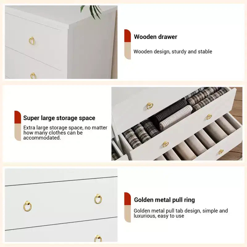 Commode à 3 tiroirs pour chambre à coucher, commode en bois avec poignées dorées, meuble TV console multimédia, commode autoportante pour salon