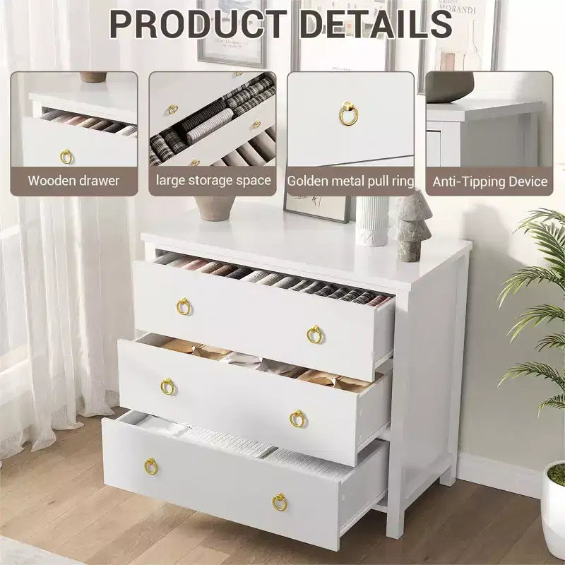 Commode à 3 tiroirs pour chambre à coucher, commode en bois avec poignées dorées, meuble TV console multimédia, commode autoportante pour salon