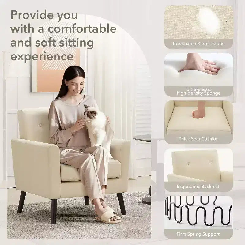 Fauteuil d'appoint en tissu Acekool avec pieds en bois, fauteuil de style moderne du milieu du siècle pour salon, chambre à coucher, appartement