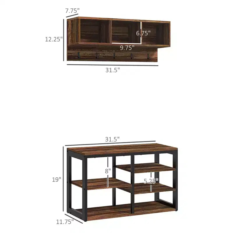 MAYEERTY Meuble d'entrée avec 5 crochets, banc et rangement à chaussures pour 10 paires de chaussures, portemanteau et banc à chaussures 2 en 1