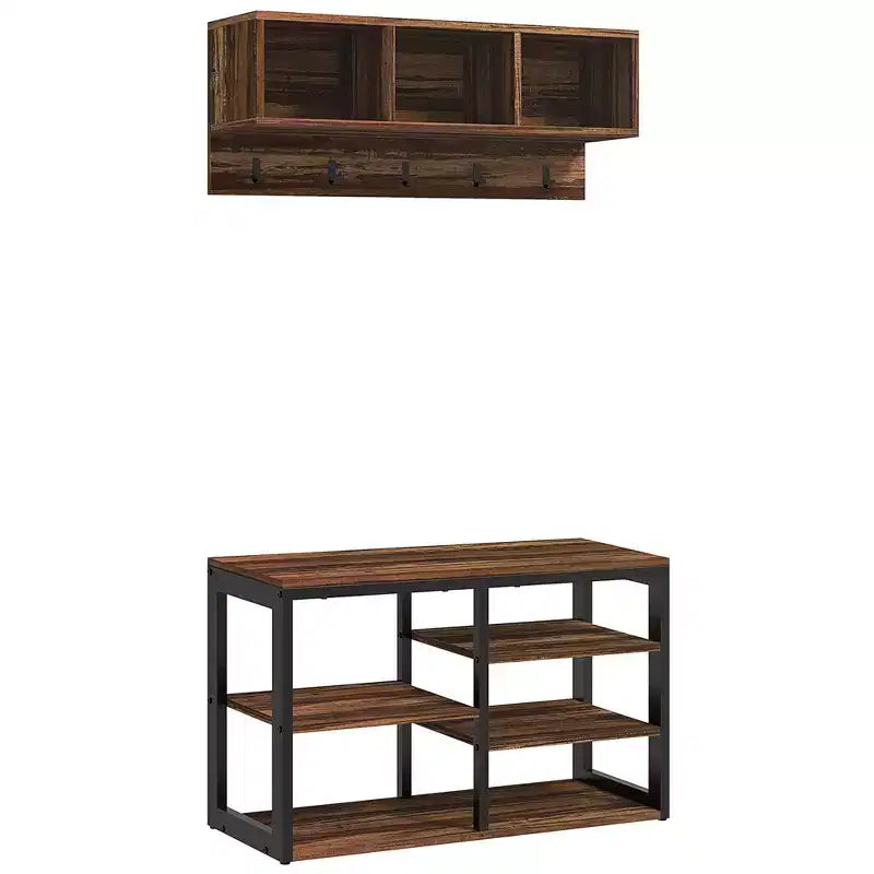 MAYEERTY Meuble d'entrée avec 5 crochets, banc et rangement à chaussures pour 10 paires de chaussures, portemanteau et banc à chaussures 2 en 1