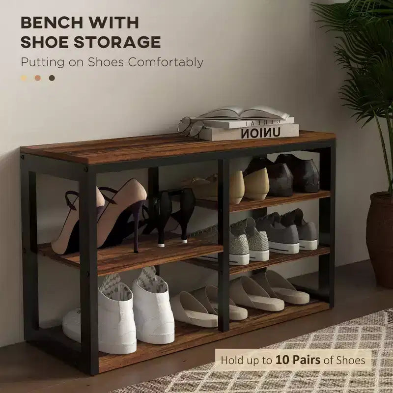 MAYEERTY Meuble d'entrée avec 5 crochets, banc et rangement à chaussures pour 10 paires de chaussures, portemanteau et banc à chaussures 2 en 1