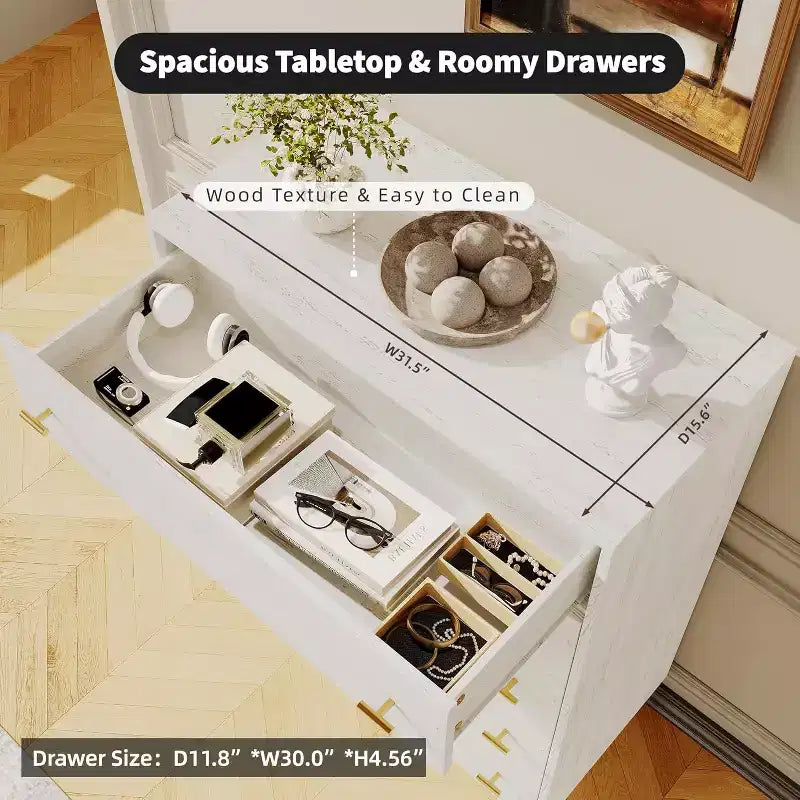 Commode 5/6 tiroirs pour chambre, commode haute en bois rustique vintage avec rangement et poignées dorées, pour chambre, salon, couloir, blanc