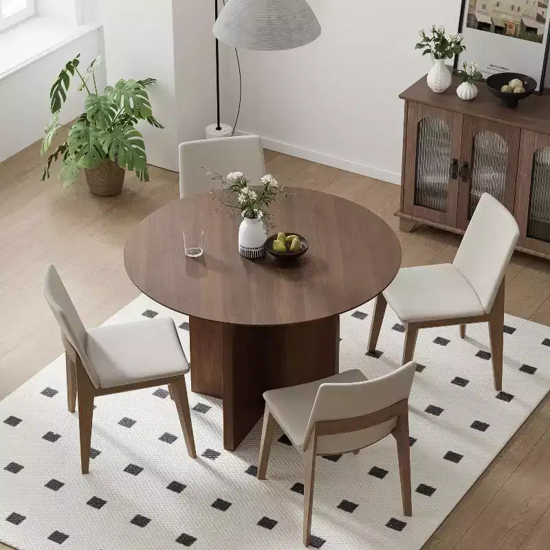 Table à manger ronde PexFix 42 x 42 en bois massif avec finition noyer et pieds arqués élégants pour salles à manger et cuisines modernes