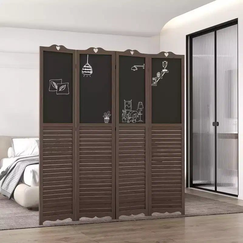 MAYEERTY 4 Panel Folding Room Divider with Blackboard Freestanding Privacy Screen Panels for Bedroom Office Walnut Brwon