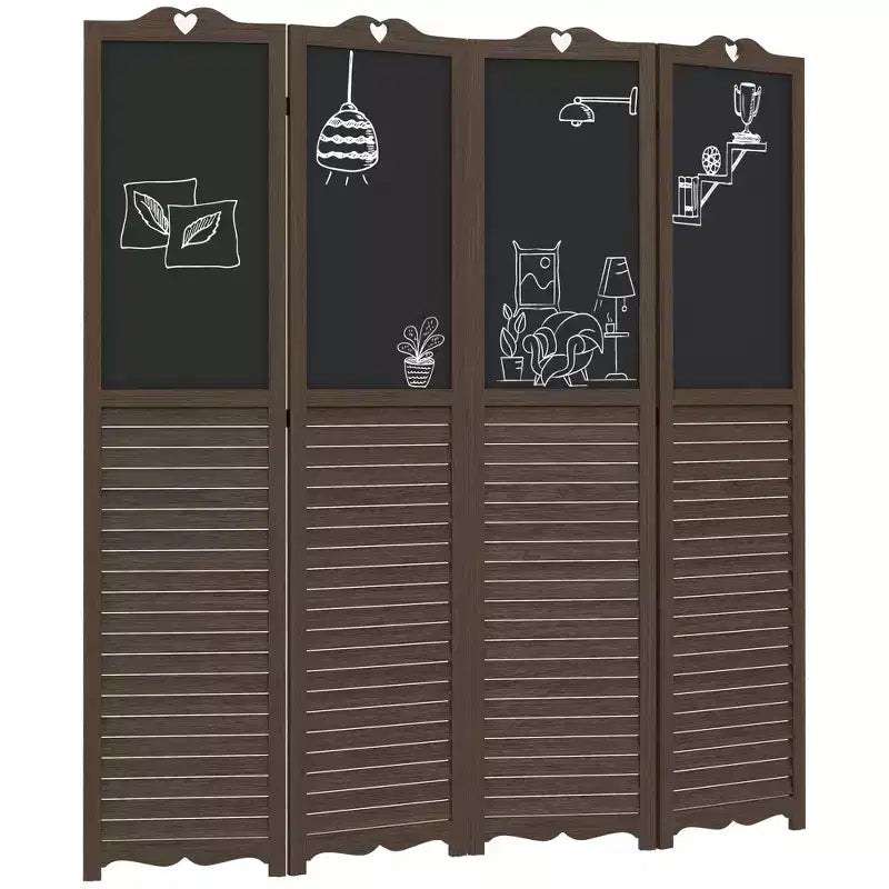 Séparateur de pièce pliant MAYEERTY à 4 panneaux avec tableau noir Panneaux d'intimité autoportants pour chambre à coucher bureau Noyer brun