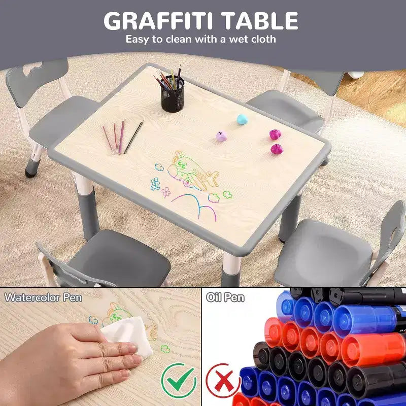 Acekool Ensemble Table et 4 Chaises pour Enfants, Table d'Activités Réglable en Hauteur pour les 2-10 Ans, Bureau d'Art pour Tout-Petits, Salle de Classe Maison