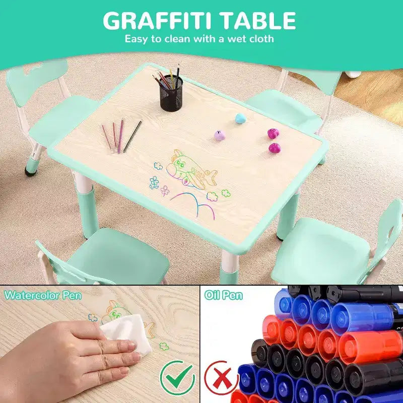 Acekool Ensemble Table et 4 Chaises pour Enfants, Table d'Activités Réglable en Hauteur pour les 2-10 Ans, Bureau d'Art pour Tout-Petits, Salle de Classe Maison