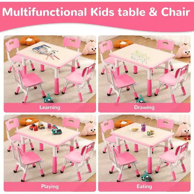 Acekool Ensemble Table et 4 Chaises pour Enfants, Table d'Activités Réglable en Hauteur pour les 2-10 Ans, Bureau d'Art pour Tout-Petits, Salle de Classe Maison