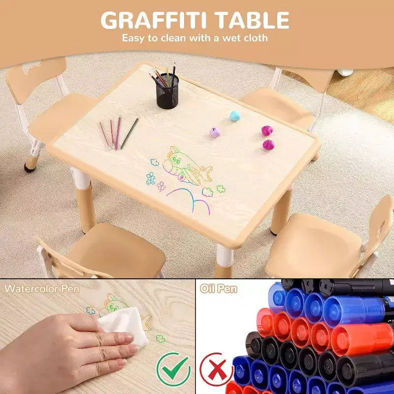 Acekool Ensemble Table et 4 Chaises pour Enfants, Table d'Activités Réglable en Hauteur pour les 2-10 Ans, Bureau d'Art pour Tout-Petits, Salle de Classe Maison
