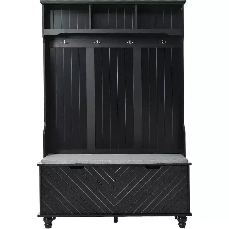 Banc d'entrée de 119 cm de large, portemanteau 4-en-1 avec rangement, 4 crochets et coussin, organisateur de chaussures peu encombrant pour buanderie, noir